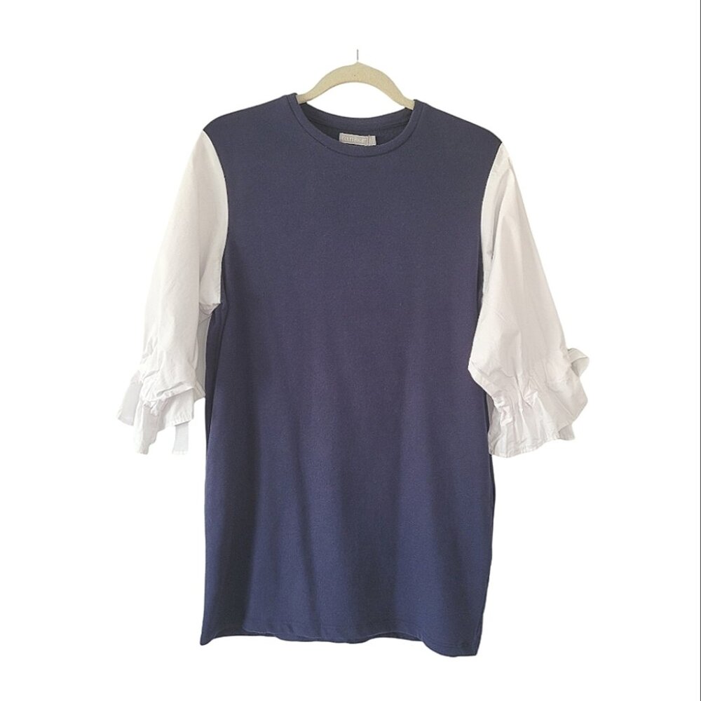 Dual Fabric Sweatshirt Top/w Ruffled Ribbon Sleeve